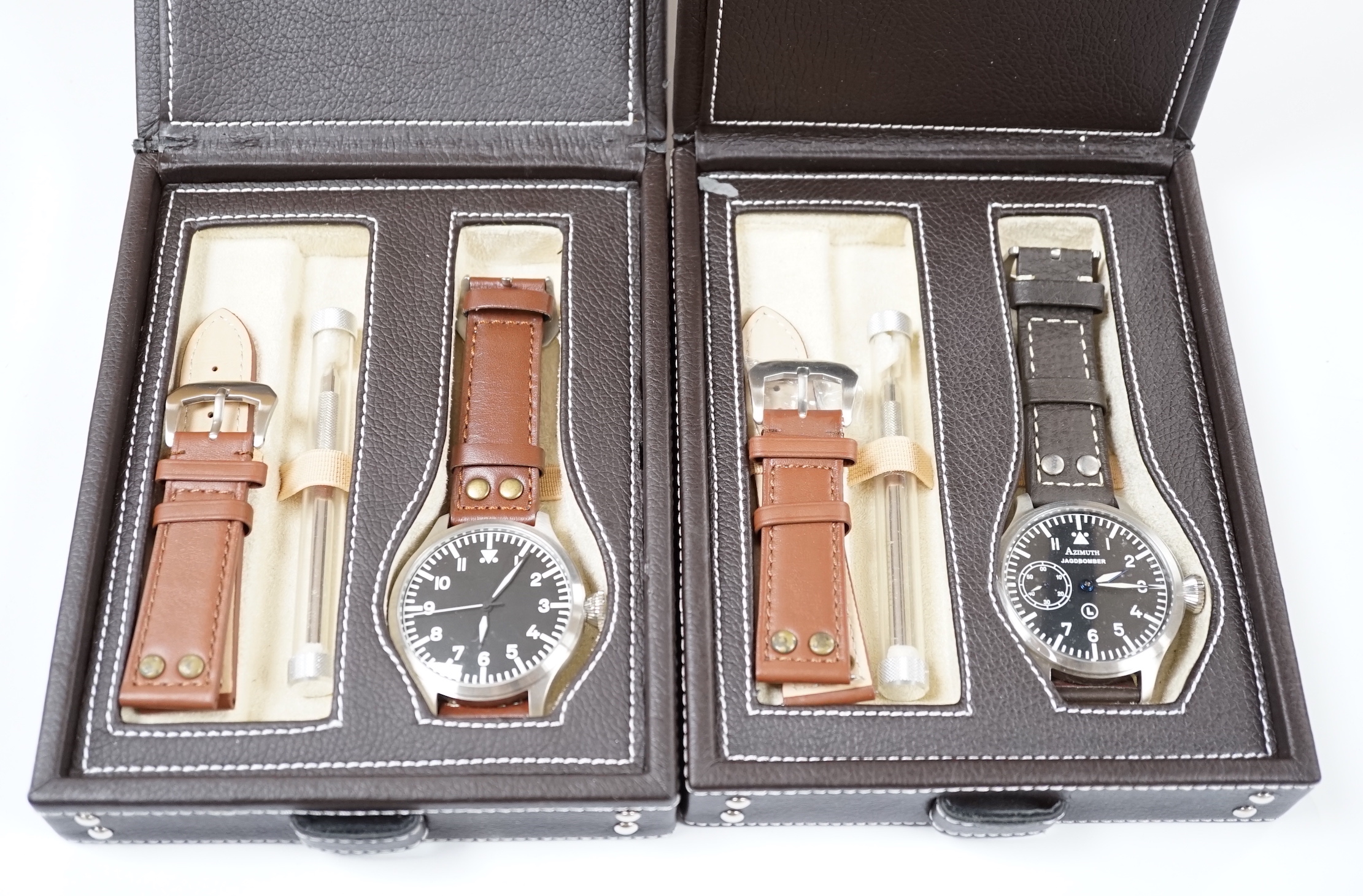 Two gentleman's recent stainless steel Azimuth wrist watches, Bombardier and Jagdbomber, with boxes.